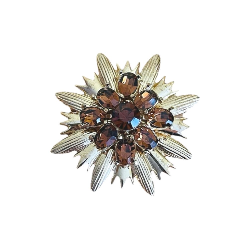 Vtg Amber Faceted Glass Rhinestone Starburst Brooch Mid Century Modern Root Beer
